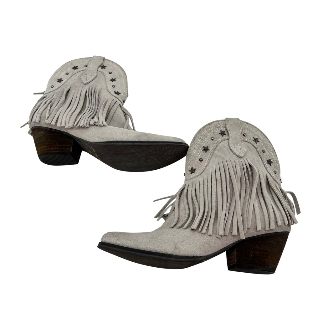 Very Volatile Grey Suede Fringe Star Studded Western Ankle Boots 7.5